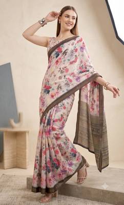 White linen floral bollywood digital print saree 3