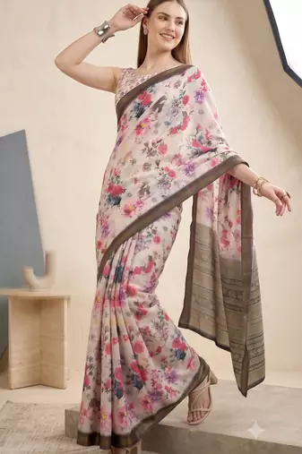 White linen floral bollywood digital print saree