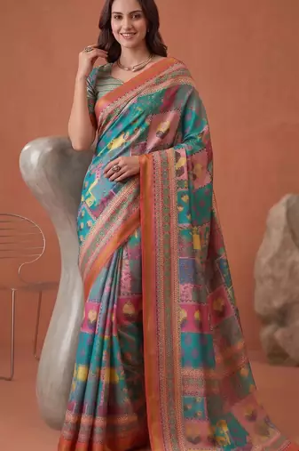 multicolor linen geometric bollywood digital print saree