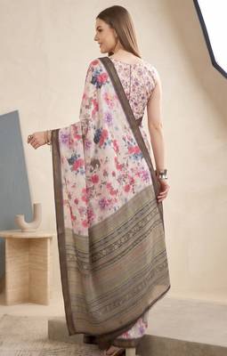 White linen floral bollywood digital print saree 4