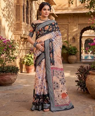 cream & black chanderi digital printed ready to wear saree 1