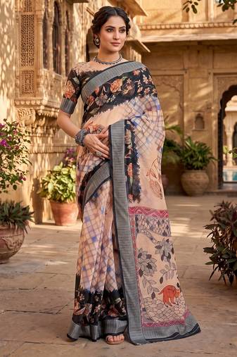 cream & black chanderi digital printed ready to wear saree