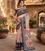 cream & black chanderi digital printed ready to wear saree