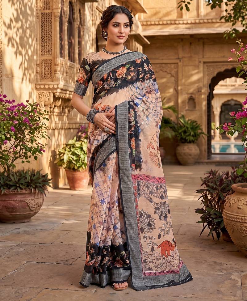 cream & black chanderi digital printed ready to wear saree