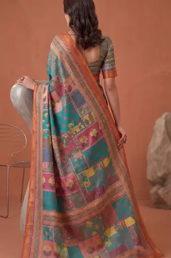 multicolor linen geometric bollywood digital print saree