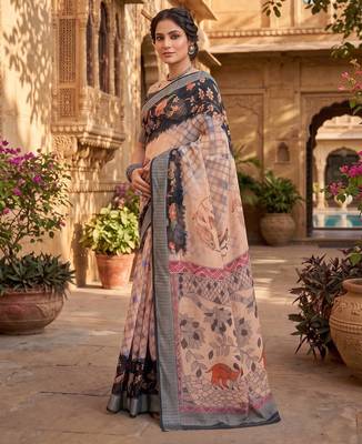 cream & black chanderi digital printed ready to wear saree 2