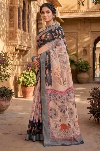 cream & black chanderi digital printed ready to wear saree
