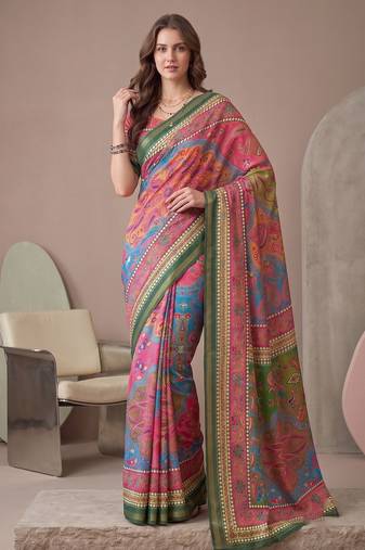 multicolor linen geometric bollywood digital print saree