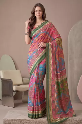 multicolor linen geometric bollywood digital print saree
