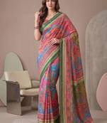 multicolor linen geometric bollywood digital print saree