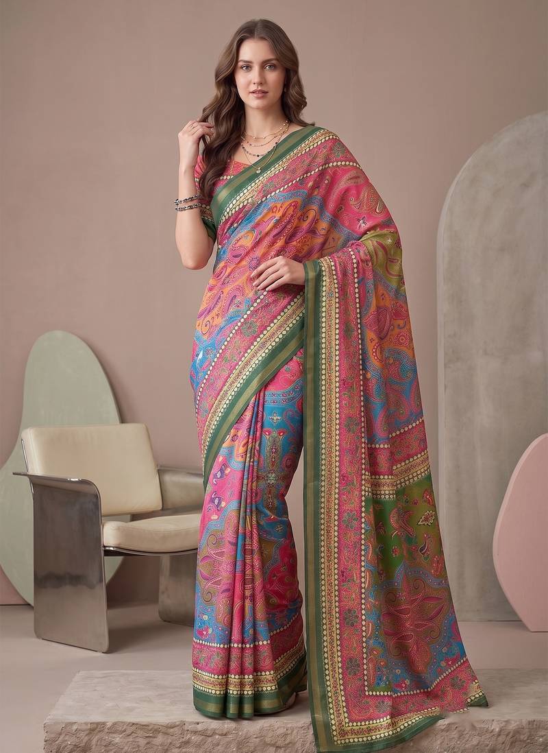 multicolor linen geometric bollywood digital print saree