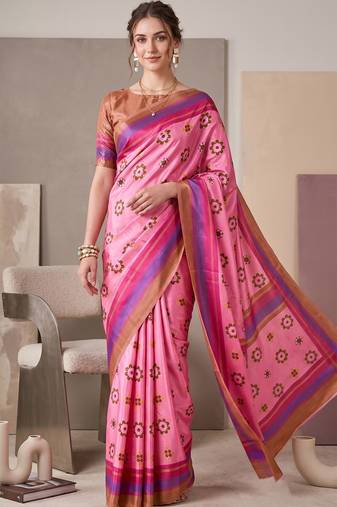 Baby pink linen geometric bollywood digital print saree