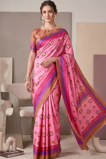 Baby pink linen geometric bollywood digital print saree