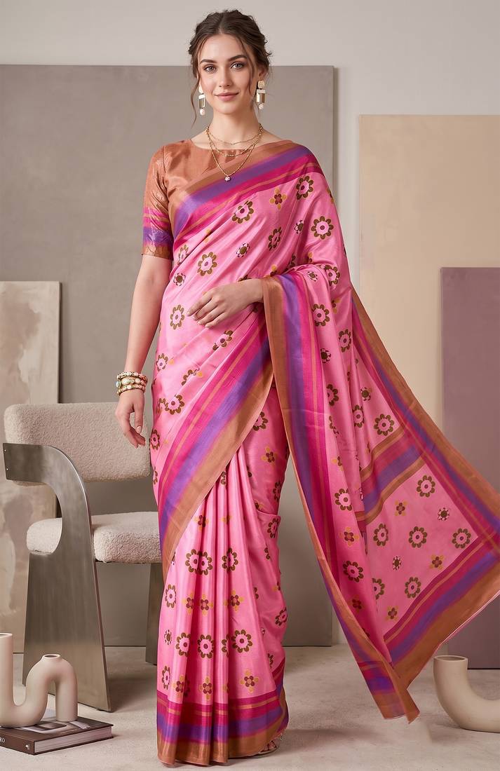 Baby pink linen geometric bollywood digital print saree