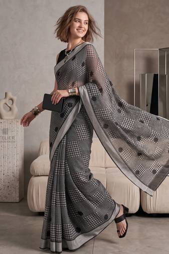 black chanderi graphic print digital print bollywood saree
