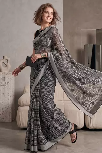 black chanderi graphic print digital print bollywood saree