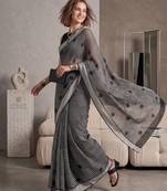black chanderi graphic print digital print bollywood saree