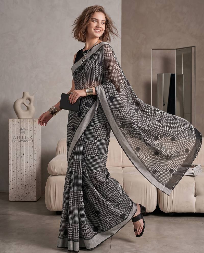 black chanderi graphic print digital print bollywood saree