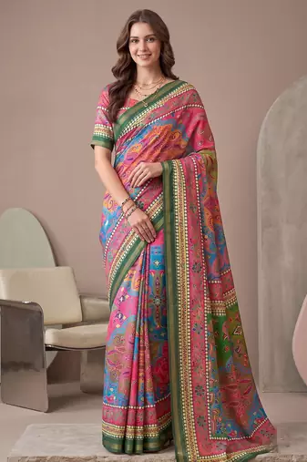 multicolor linen geometric bollywood digital print saree