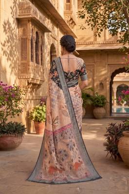 cream & black chanderi digital printed ready to wear saree 3