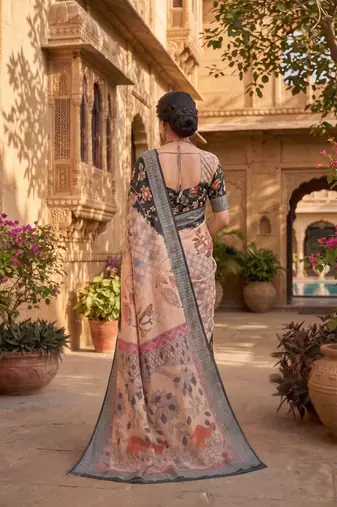 cream & black chanderi digital printed ready to wear saree