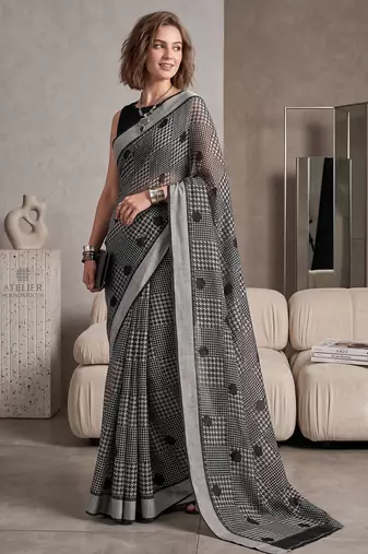 black chanderi graphic print digital print bollywood saree