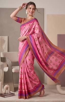 Baby pink linen geometric bollywood digital print saree 2
