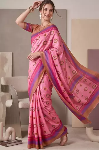 Baby pink linen geometric bollywood digital print saree