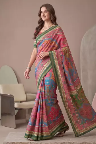multicolor linen geometric bollywood digital print saree