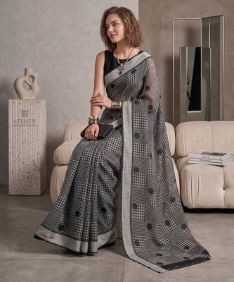 black chanderi graphic print digital print bollywood saree 3