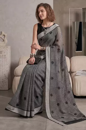 black chanderi graphic print digital print bollywood saree