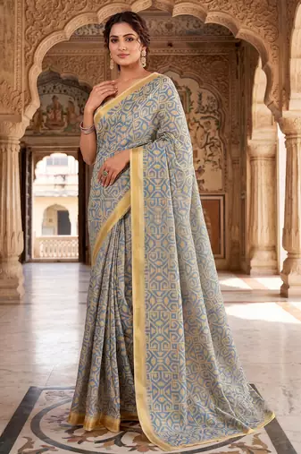 blue & cream chanderi graphic printed ready to wear saree