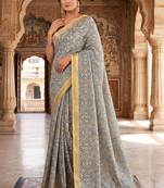blue & cream chanderi graphic printed ready to wear saree