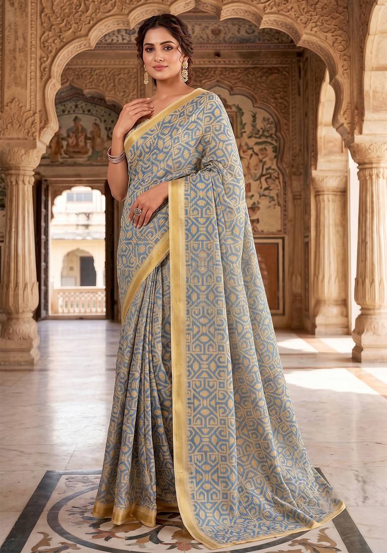 blue & cream chanderi graphic printed ready to wear saree
