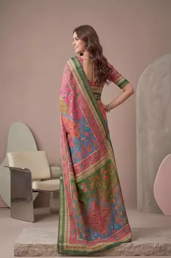 multicolor linen geometric bollywood digital print saree