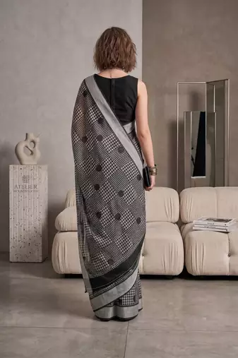 black chanderi graphic print digital print bollywood saree