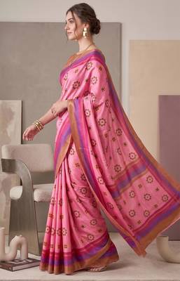 Baby pink linen geometric bollywood digital print saree 4