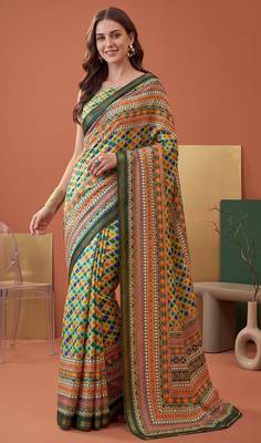 multicolor linen geometric bollywood digital print saree 1