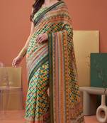 multicolor linen geometric bollywood digital print saree