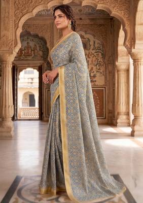 blue & cream chanderi graphic printed ready to wear saree 2