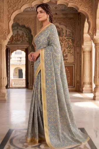 blue & cream chanderi graphic printed ready to wear saree
