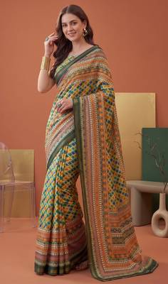 multicolor linen geometric bollywood digital print saree 2