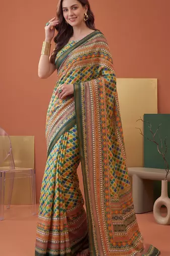 multicolor linen geometric bollywood digital print saree