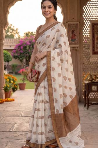 off white chanderi block printed ready to wear saree