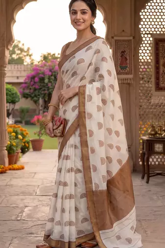 off white chanderi block printed ready to wear saree