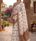 off white chanderi block printed ready to wear saree