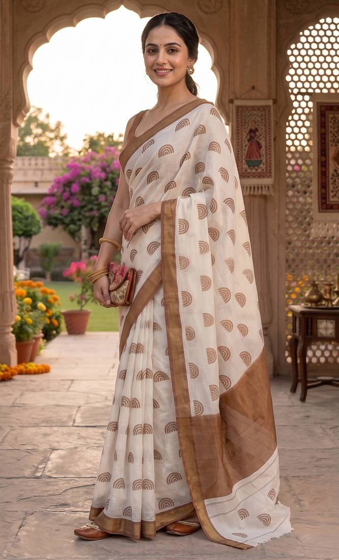 off white chanderi block printed ready to wear saree