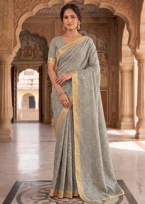 blue & cream chanderi graphic printed ready to wear saree 3