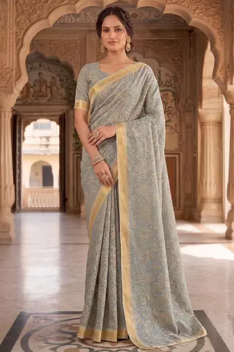 blue & cream chanderi graphic printed ready to wear saree