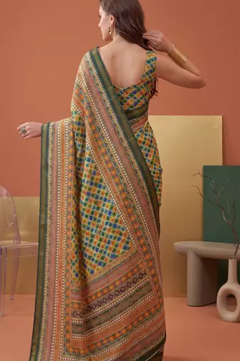 multicolor linen geometric bollywood digital print saree